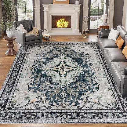 RUSHUFFY 6x9 Washable Area Rugs for Living Room, Non-Slip Boho Vintage Traditional Medallion Print Pattern Carpet for Bedroom Dining Room Farmhouse Nursery Room, Slate Blue & Beige