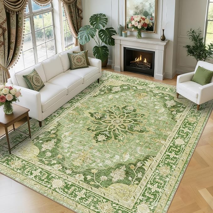 RELEANY Area Rugs 8'x10' Washable Non-Slip, Floral Vintage Distress Print Pattern Medallion Carpet for Living Room Bedroom Dining Room, Sage Green Yellow