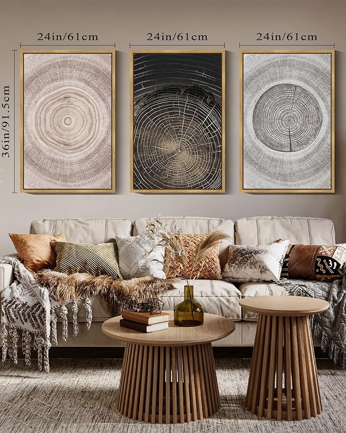 PHOPAGO Vintage Wood Tree Rings Wall Art 24x36in Farmhouse Rustic Framed Canvas Paintings Living Room Bedroom Decor Nature Artwork Natural Framed