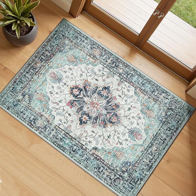 RELEANY Area Rugs 2'x3' Kitchen Rugs Entry Rug Small Rugs for Entryway Kitchen Bathroom Door Mat Indoor Entrance,Washable Non Slip, Green Navy Blue White Red Teal Colorful