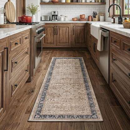 FMFUNCTEX 2x6 Hallway Runner Rug Brown Vintage Washable Distressed Oriental Non Slip Low Pile Neutral Indoor Carpet Retro Antique Thin Entryway Rug for Kitchen Bedroom Bedside Laundry Entry Bathroom