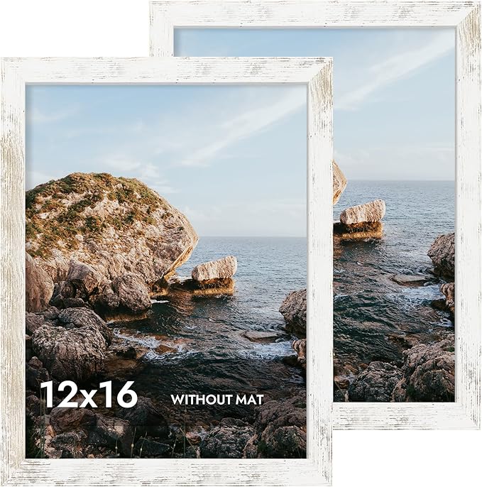 iRahmen 12x16 Picture Frame with Plexiglass - Wooden Poster Frame for Photo Wall Gallery Mounting (Distressed-White, Set of 2)