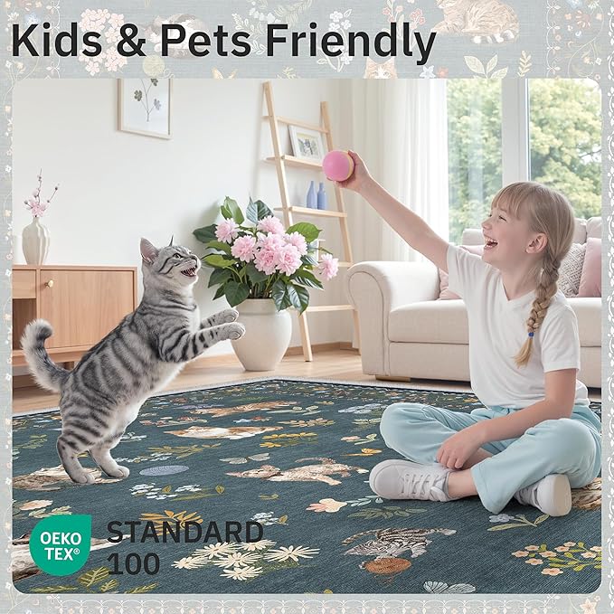 Soalmost Cat 5x7 Area Rugs for Living Room, Machine Washable Animal Floral Vintage Rug Non-Slip Low Pile Soft Throw Rugs for Kitchen Dining Room Bedroom Nursery Playroom (5 x 7,Navy Blue)