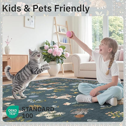 Soalmost Cat 8x10 Area Rugs for Living Room, Machine Washable Animal Floral Vintage Rug Non-Slip Low Pile Soft Throw Large Rugs for Classroom Bedroom Dining Room Nursery Playroom (8 x 10,Navy Blue)