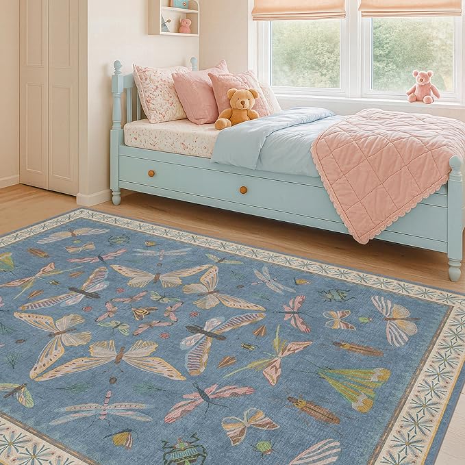 Hazo Haus Insect 3x5 Washable Stain Resistant Rugs for Large Kitchen, Ultra Soft Faux Wool Rugs for Kids Bedroom Beside Bed, Non Slip Entry Rug, Low Pile Fade Resistant, Dusty Blue