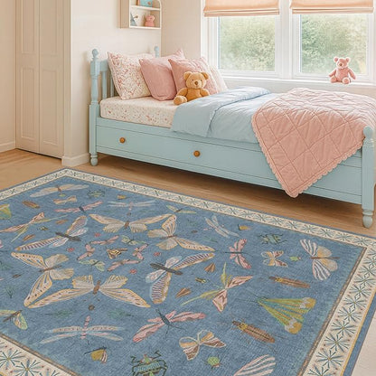 Hazo Haus Insect 3x5 Washable Stain Resistant Rugs for Large Kitchen, Ultra Soft Faux Wool Rugs for Kids Bedroom Beside Bed, Non Slip Entry Rug, Low Pile Fade Resistant, Dusty Blue