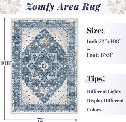 Area Rug 6x9 Vintage Rug: Washable Indoor Medallion Rugs Low Pile Distressed Floor Carpet Retro Accent Rug for Living Room Bedroom Kitchen Dining Table Home Office(Blue, 6'x9')