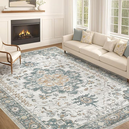 EIEIHOUSE Washable Area Rugs for Living Room -10x13 Neutral Vintage Distressed Floral Farmhouse Boho Large Soft Floor Rug Indoor Non Slip Carpet for Living Room Bedroom Dining Room Office-Green/Grey