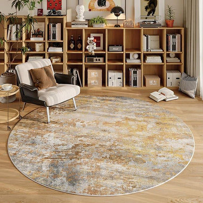 Beige Gold Round Rugs 6ft Washable Circle Area Rug for Entryway Kitchen, Non Slip Soft Low Pile Stain Resistant, Boho Circular Carpet for Living Room Bedroom Dorm Dining Room Table, Abstract