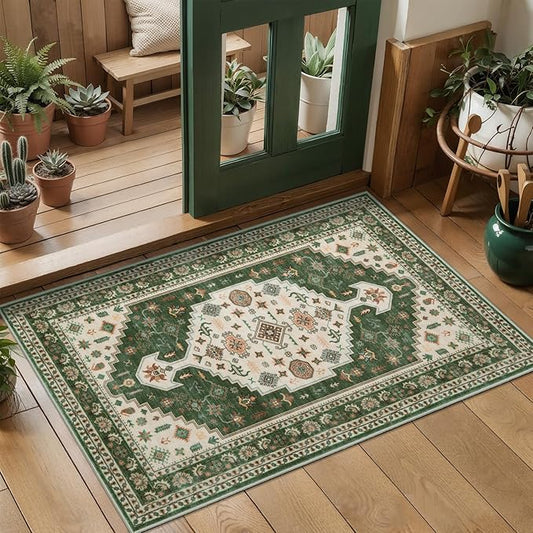 Tangsoo Vintage 2x3 Entry Washable Rug for Entryway,Green Beige Non-Slip Indoor Door Rug Small Throw Mat Soft Low Pile Carpet for Front Porch Entrance Kitchen