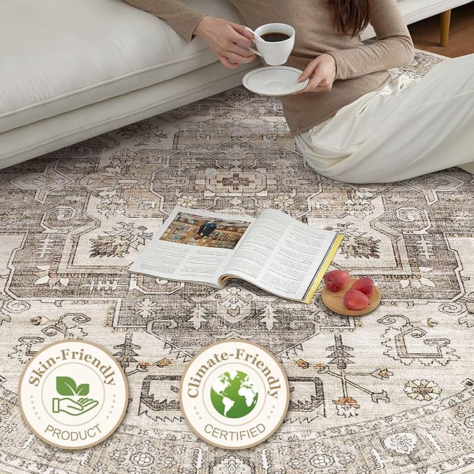 8x8 Round Area Rugs Washable Vintage - Soft Traditional Rugs for Living Room Large Non Slip Backing with Low Pile Farmhouse Oriental Retro Carpet for Bedroom Dining Room or Home Office - Light Brown