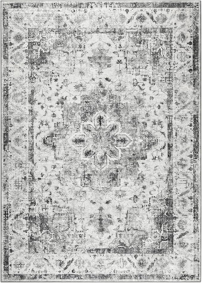 YOH Boho Washable Rug 4x6, Light Gray Vintage Non Slip Area Rug, Distressed Indoor Carpet for Living Room Bedroom Kitchen Office