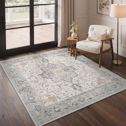 GENIMO 5x5 Area Rugs for Living Room, Machine Washable Rug, Non Slip Indoor Vintage Rug, Low Pile Lightweight Chenille Print Carpet for Bedroom Dining Room Home Office, Light Taupe Brown