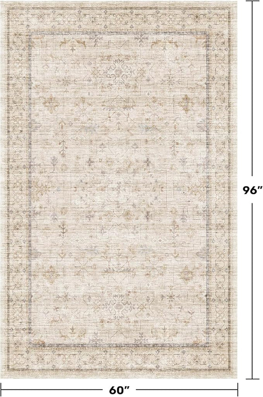 Hazo Haus Ivory 5x8 Area Rug for Bedroom, Home Office, Washable Non Slip Dinning Rugs for Under Table, Soft Low Pile Neutral Farmhouse Boho Living Room Décor