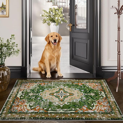 RUSHUFFY 2x3 Washable Small Rug Door Mat, Rugs for Entryway, Vintage Boho Distressed Print Pattern Non-Slip Carpet, Throw Rug for Indoor Entrance Kitchen Bedroom Bathroom Laundry Floor, Dark Green