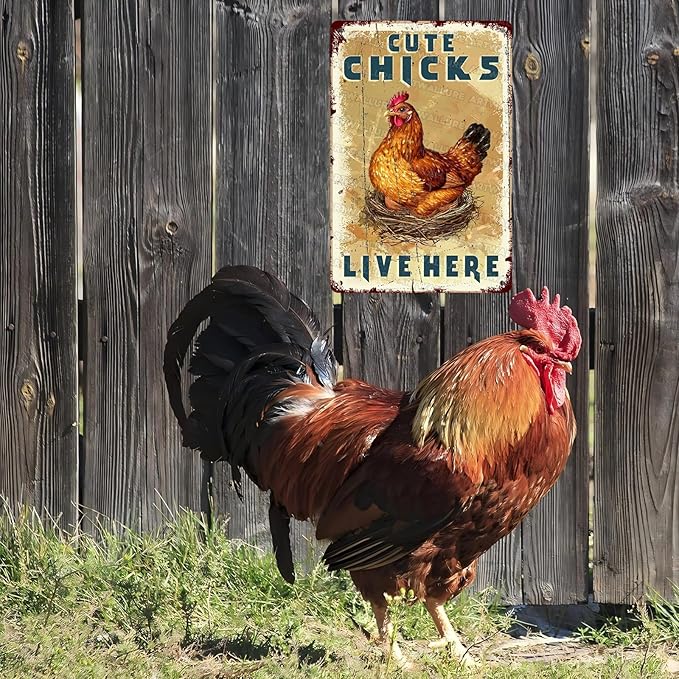 Funny Chicken Coop Sign “Cute Chicks Live Here” - Vintage Tin Metal Wall Decor for Farm, Garden, Hen House, Yard 8x12 Inch