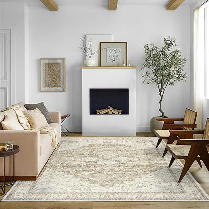 BILEEHOME 4x6 Boho Neutral Living Room Rug Washable Vintage Rustic Persian Farmhouse Style Easy to Clean Stain Resistant Area Rugs for Dining Room, Light Tan Brown and Beige