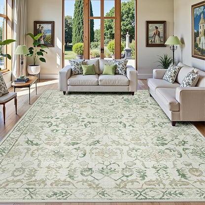 Green Area Rugs 8x10 Rugs for Living Room, Traditional Washable Rugs for Bedroom Distressed Large Area Rug Living Room Rug Non Slip Rug Carpet for Dining Nursery