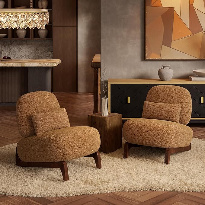Morden Fort 3 Piece Boucle Sofa Set, Modern Upholstered Couches Sofas Set Durable Comfy Boucle Pet-Friendly, 2 Armless Chairs & 3-Seater Sofa Sets for Living Room Bedroom Apartment, Toffee Orange