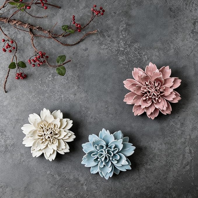 CEUYGT Ceramic Flowers 3D Wall Art Decor Handmade 3D Wall Art Hanging Sculpture for Living Room Bedroom Blue Peony 4.72"