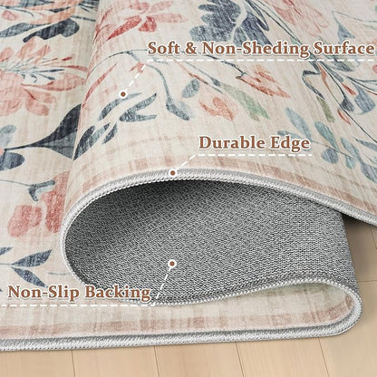 8x10 Area Rugs Washable Rug: Lagre Boho Living Room Rug Soft Non-Slip Thin Carpet Indoor Floor Non-Shedding Neutral Floral Carpets for Bedroom Dining Room Farmhouse Nursery Multi