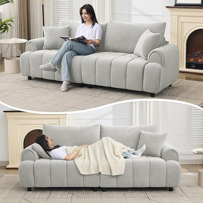 88 "Modern Boucle Sofa Couch, Oversized Comfy 3 Seater Sherpa Curved Sofas Deep Seat, Upholstered Loveseat Teddy Round Arm Couches for Living Room, Bedroom, Light Grey