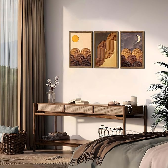 raiqtols Abstract Framed Wooden Canvas Wall Art Set of 3 – Sun Moon Geometric Boho Modern Wall Decor, Golden Brown Mid Century Prints with Wooden Frame for Living Room Bedroom – 16x24in