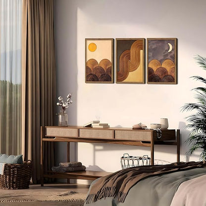 raiqtols Abstract Framed Wooden Canvas Wall Art Set of 3 – Sun Moon Geometric Boho Modern Wall Decor, Golden Brown Mid Century Prints with Wooden Frame for Living Room Bedroom – 16x24in