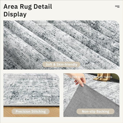 Soalmost Washable Area Rug 8x10, Large Soft Rugs for Living Room Farmhouse Vintage Gray Area Rugs for Bedroom Dining Room Non-Slip Stain Resistant Under Table Rug Grey