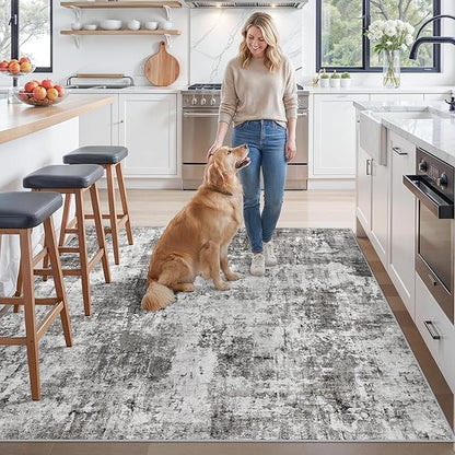 ZHXXUJ 7x7 Square Washable Area Rug, Non-Slip Indoor Rug for Living Room Bedroom Dining Room, Low Pile Stain Resistant Modern Abstract Neutral (Grey)