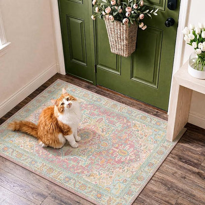 2x3 Washable Small Front Door Pink Orange with Vintage Orient Design, Soft Rug for Entryway or Kitchen, Non-Slip Low Pile Stain Resistance Features, Distressed Medallion Pattern