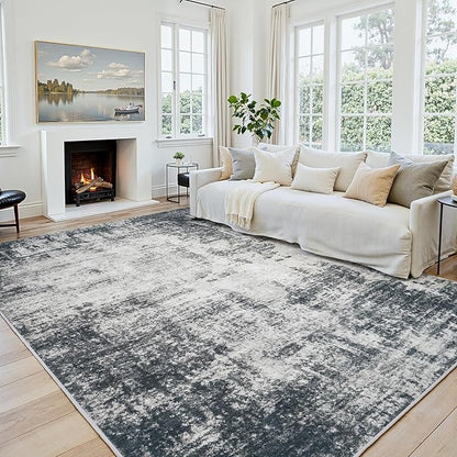 Area Rug 8x10 Living Room Rug Washable: No-Slip Abstract Soft Thin Large Deep Black Gray White Rugs, Indoor Floor Stain Resistant Modern Carpet for Bedroom Dining Room Farmhouse Nursery Home Office