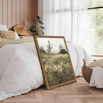 Vintage Landscape Wall Art Set of 2, Green Natural Wilderness Farmhouse Canvas Wall Decor Paintings, Retro Country Wildflower Oil Pictures Posters Prints for Living Room Bedroom 16x24 Inch Wood Framed