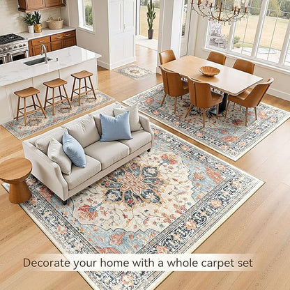 RELEANY Area Rugs 5'x8' Washable Non-Slip, Floral Vintage Distress Print Pattern Medallion Carpet for Living Room Bedroom Dining Room, Beige Navy Blue Orange Colorful