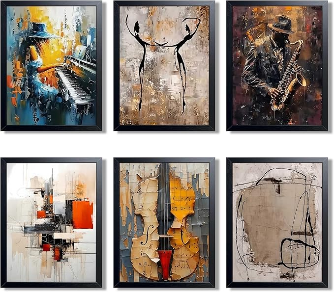 Modern Abstract Music Wall Art Set of 6, Unframed Canvas Posters Prints, Jazz Musician Piano Violin Abstract Painting Artwork, Contemporary Colorful Wall Decor for Living Room Bedroom Office 12x16 Inch