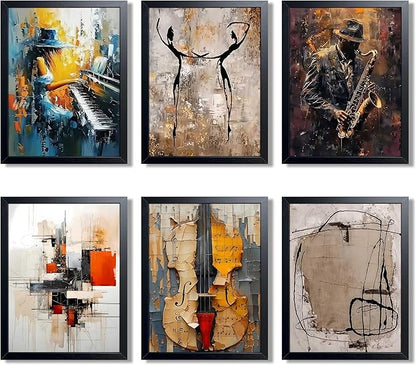 Modern Abstract Music Wall Art Set of 6, Unframed Canvas Posters Prints, Jazz Musician Piano Violin Abstract Painting Artwork, Contemporary Colorful Wall Decor for Living Room Bedroom Office 12x16 Inch