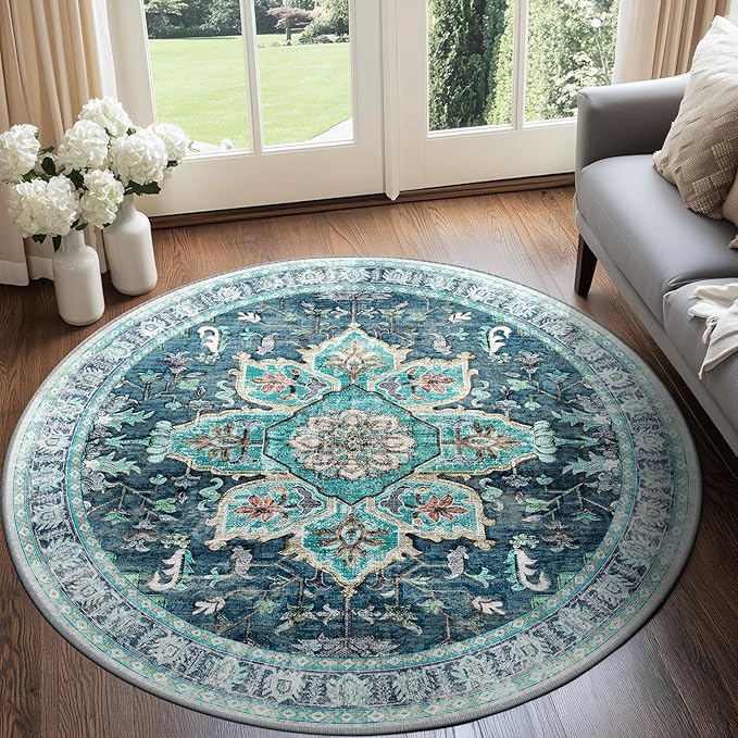 BESTSWEETIE 8ft Area Rug Washable Rugs for Living Room, No Pile Boho Carpet for Entryway Bedroom Dinning Room, Vintage Carpet Print Distressed Non-Slip, 96" Round, Teal Dark Green