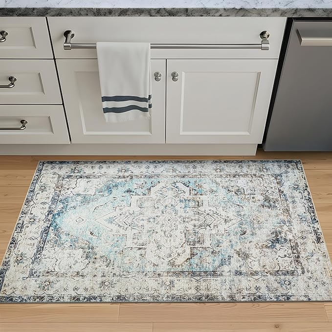 Bloom Rugs Washable Non-Slip 3' x 5' Rug - Beige/Blue Traditional Area Rug for Living Room, Bedroom, Dining Room, and Kitchen - Exact Size: 3' x 5'