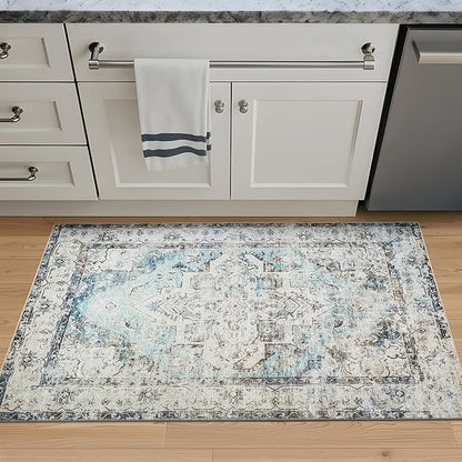 Bloom Rugs Washable Non-Slip 3' x 5' Rug - Beige/Blue Traditional Area Rug for Living Room, Bedroom, Dining Room, and Kitchen - Exact Size: 3' x 5'