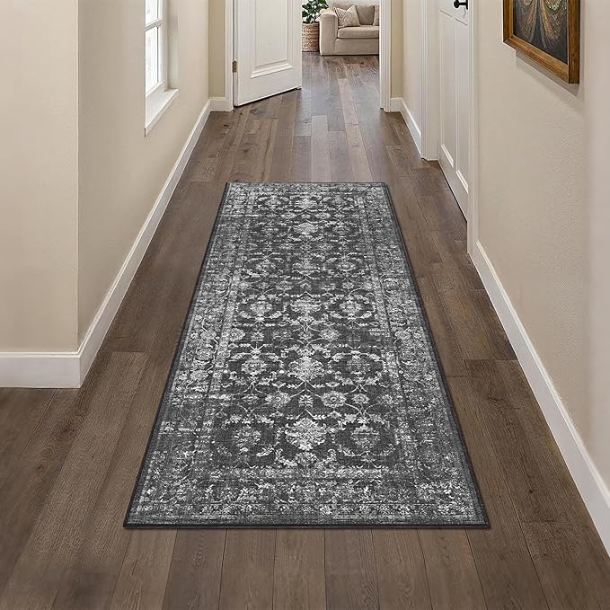 2x5 Black Runner Rug Hallway Washable Area Rugs Kitchen Vintage Boho Non Slip Long Rug Floral Carpet Indoor Retro Soft Low Pile Throw Rug for Bedroom Bathroom Laundry Dining Living Room Office