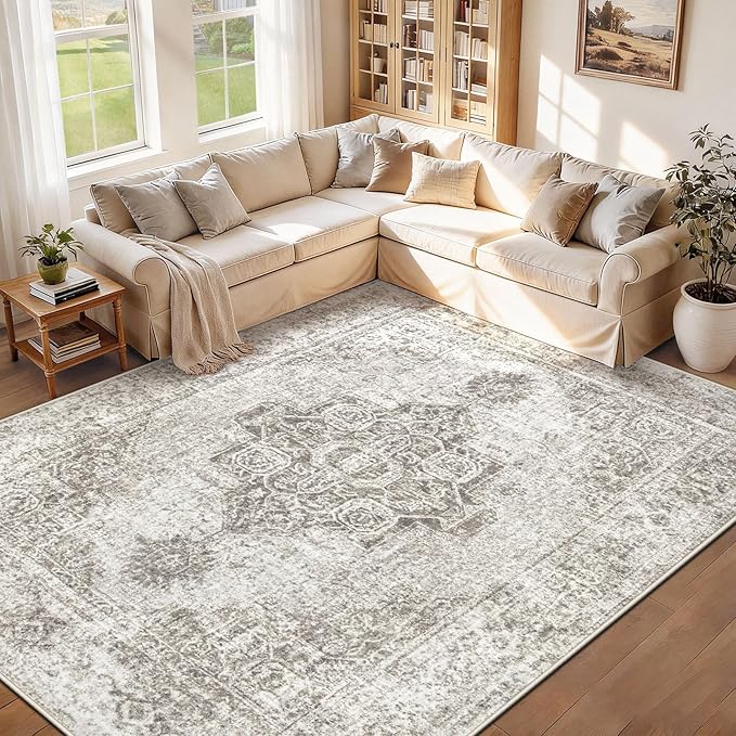 8x10 Area Rugs for Living Room, Washable Vintage Boho Medallion Rug Non Slip Low Pile Floor Carpet for Bedroom Dining Room Home Office (Taupe, 8'x10')