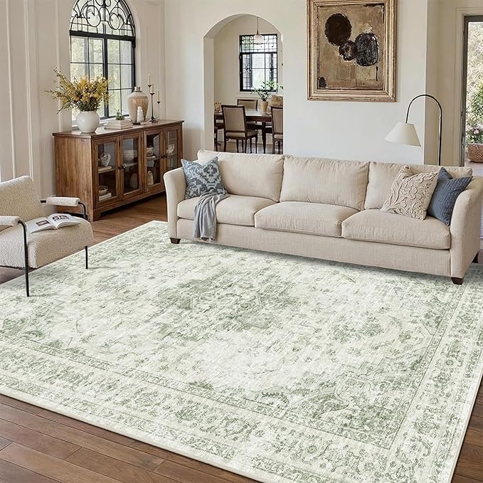 8x10 Vintage Washable Area Rugs Boho Medallion Large Distressed Retro Accent Carpet Floral Non-Slip Soft Low Pile Indoor Throw Rug for Living Room Bedroom Dining Room Office Kitchen, Green
