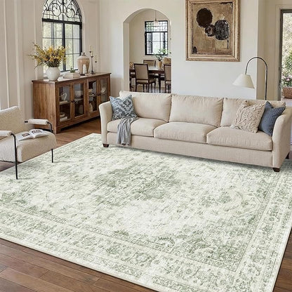 8x10 Vintage Washable Area Rugs Boho Medallion Large Distressed Retro Accent Carpet Floral Non-Slip Soft Low Pile Indoor Throw Rug for Living Room Bedroom Dining Room Office Kitchen, Green