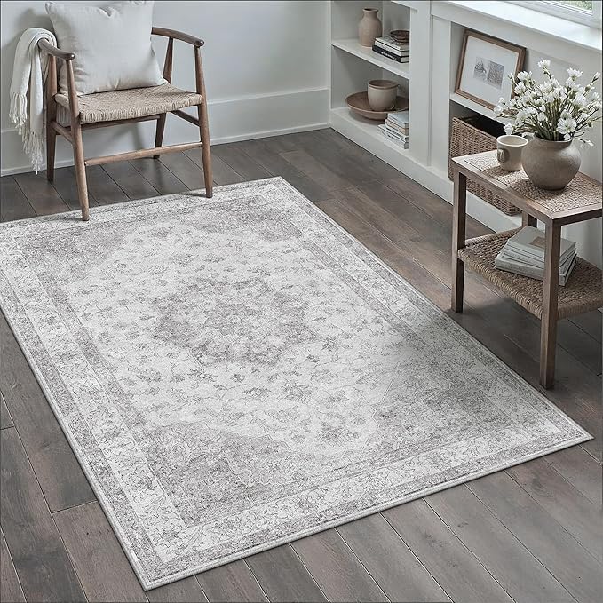 PureCozy Gray Area Rug 3x4 Washable Vintage Carpet Entryway Office Soft Retro Kitchen Low Pile Thin Door Mat Non Slip Grey Oriental Medallion Throw Small Rug for Bathroom Bedroom Dining Living Room