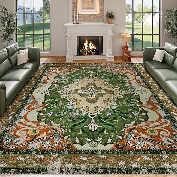 RUSHUFFY 6x9 Washable Area Rugs for Living Room, Non-Slip Boho Vintage Traditional Medallion Print Pattern Carpet for Bedroom Dining Room Farmhouse Nursery Room, Dark Green