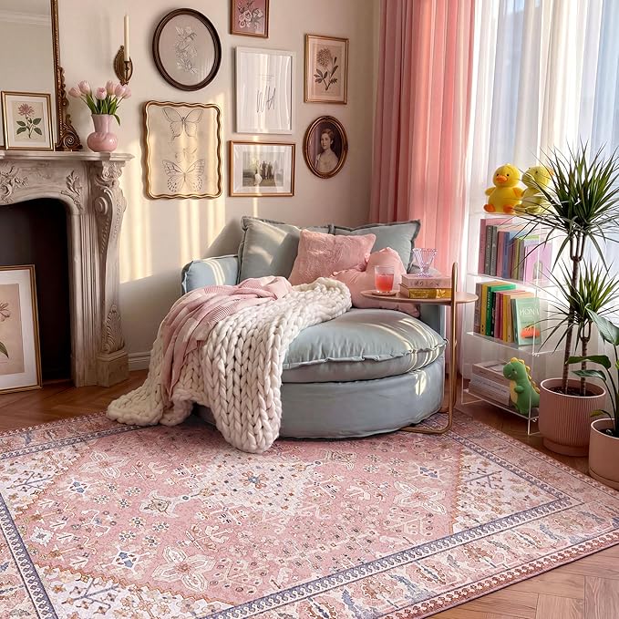 Kokia 6x9 Area Rugs for Living Room, Machine Washable Low Pile Rug, Non Slip Backing Boho Rugs for Bedroom, Printed Soft Vintage Carpet Peach Pink 6 x 9
