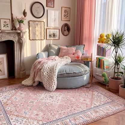 8x10 Area Rugs for Living Room, Machine Washable Low Pile Rug, Non Slip Backing Boho Rugs for Bedroom, Printed Soft Vintage Carpet Peach Pink 8 x 10