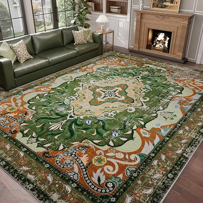 RUSHUFFY 6x9 Washable Area Rugs for Living Room, Non-Slip Boho Vintage Traditional Medallion Print Pattern Carpet for Bedroom Dining Room Farmhouse Nursery Room, Dark Green