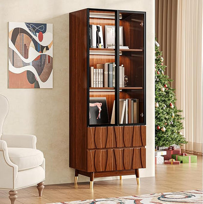 62.9'' Tall Mid Century Modern Lighted Glass Display Cabinet with Two Drawers, Walnut Finish Brown Dining China Hutch with 3 Tiers Storage Shelves, Wooden Curio Showcase for Living Room Kitchen