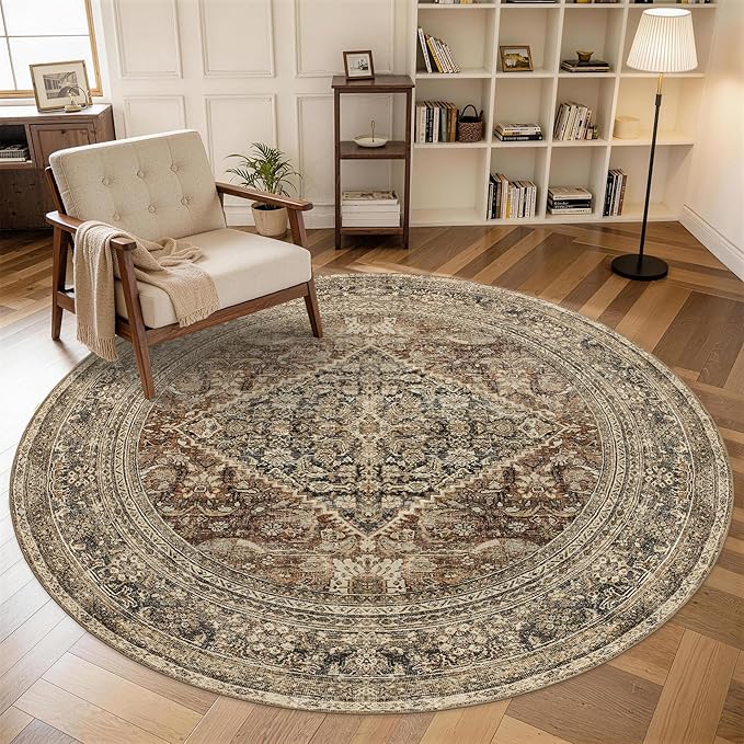 Large Round Rug 8ft: Vintage Round Area Rugs for Living Room Dining Room Bedroom Home Office - Soft Non-Slip Circle Carpet 8' - Oriental Dark Brown